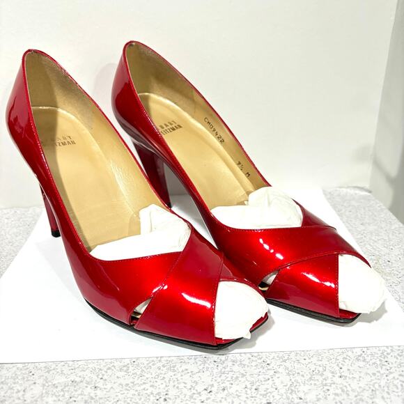 Stuart Weitzman dressy shoes 9.5M red patent open toe high stiletto heel pumps - Picture 10 of 10